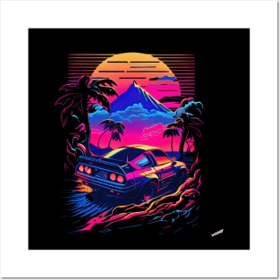 Car with a view on Mount Fuji Synthwave Vaporwave Posters and Art